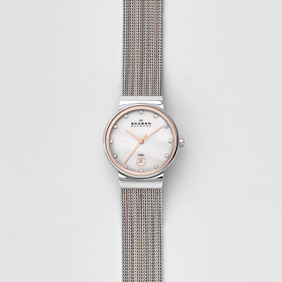 Skagen Ancher Striped Steel Mesh Watch 355Ssrs Mother-Of-Pearl