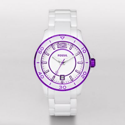 Fossil Riley Ceramic Watch - White with Purple