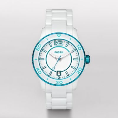 Fossil Riley Ceramic Watch - White with Teal