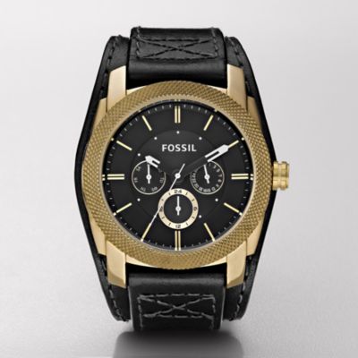 Fossil Machine Cuff Leather Watch Black With Vintaged Bronze Quadeo