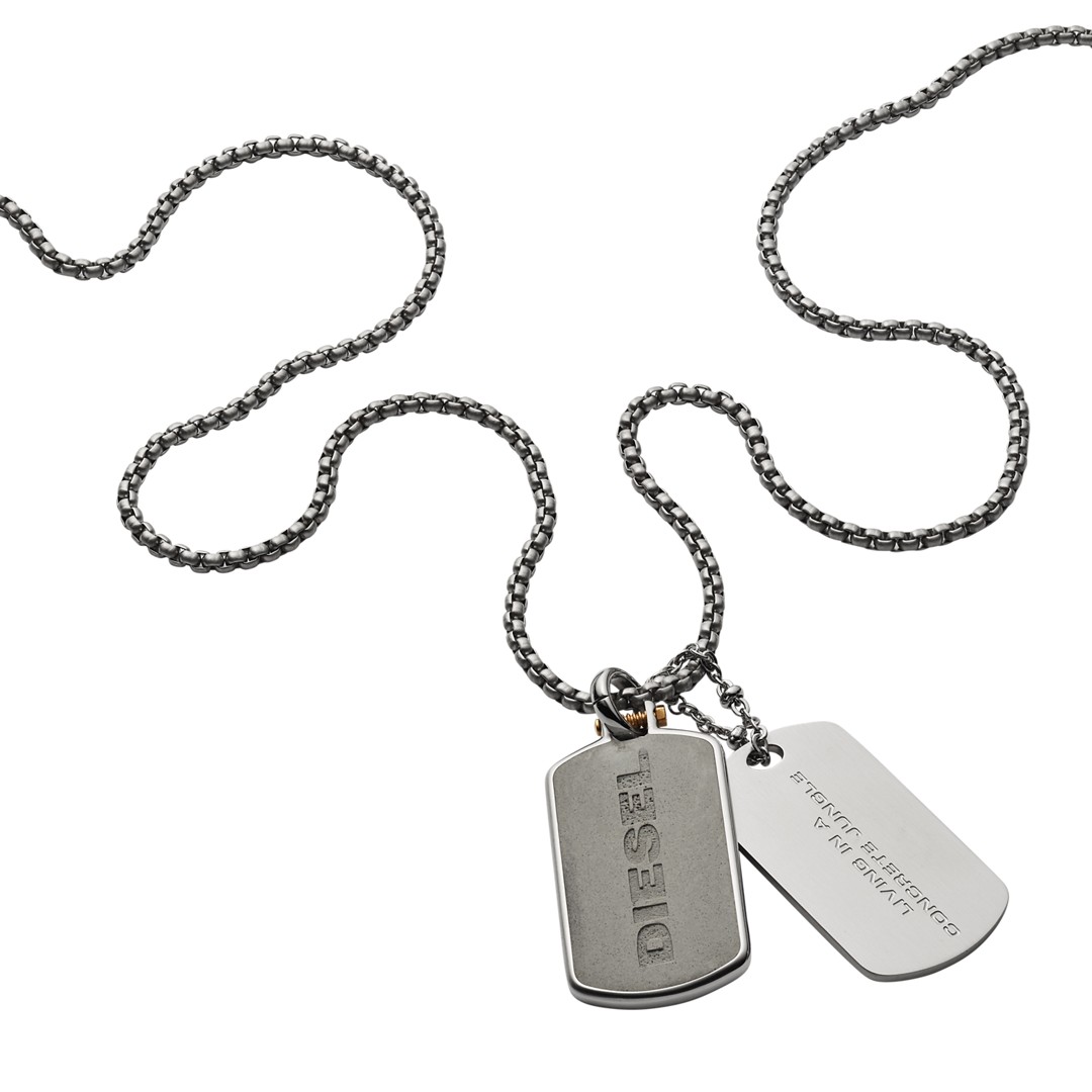 Diesel Engraved Stainless Steel And Concrete Double Dog Tag Necklace Dx1194040 Jewelry - DX1194040-WSI Diesel Engraved Stainless Steel And Concrete Double Dog Tag Necklace Dx1194040 Jewelry - DX1194040-WSI