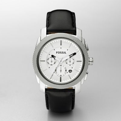Fossil Machine Leather and Stainless Steel Watch Black