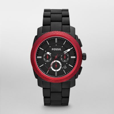 Fossil Machine Silicone and Aluminum Watch - Black with Red