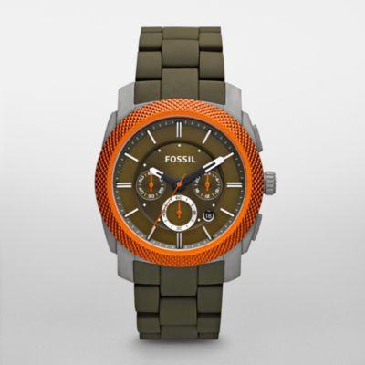 Fossil Machine Silicone and Aluminum Watch - Olive with Orange