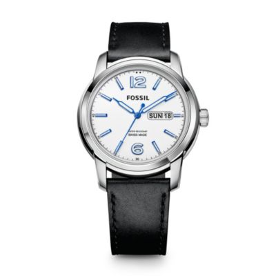 Fossil Swiss Made Day/Date Leather Watch - Black Fsw4002
