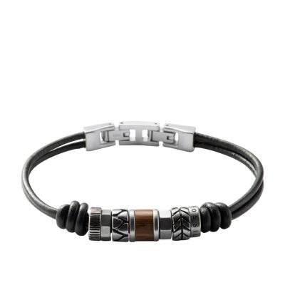 JF84196 - Bracelet en cuir noir et perles en acier inoxydable