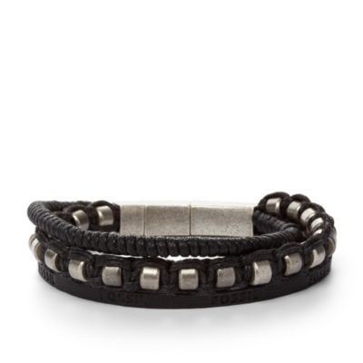 JF86554 - Trist di bracciali in pelle nera ed elementi in acciaio