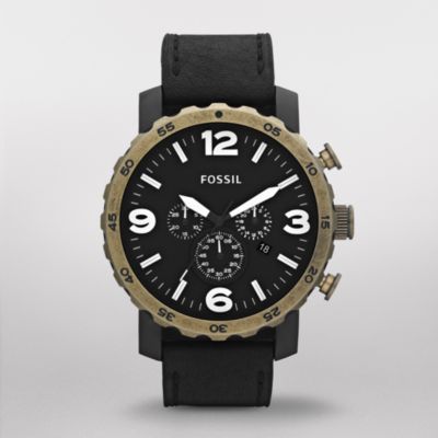 Fossil Stainless Steel and Leather Watch Black
