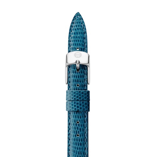 Complement any ensemble with this Peacock Blue Lizard strap. The chic strap is easily interchangeable with any 12mm MICHELE watch and features the signature logo engraving on the stainless-steel buckle.