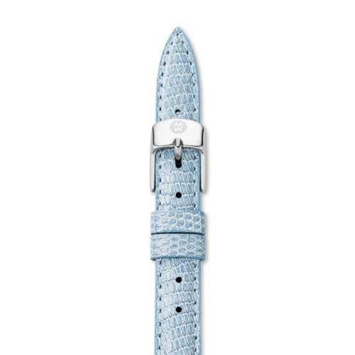 SALE - 50% OFFOriginally $120.00, Now $60.00Richly colored and luxuriously textured, you can't go wrong with this light blue lizard strap. This exotic strap is easily interchangeable with any 12mm MICHELE watch, and the stainless-steel buckle has the signature logo engraving.Shop full-price straps here or sale straps here.