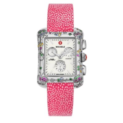 Fleur Butterfly Colored Stones Pink Galuchat Strap
