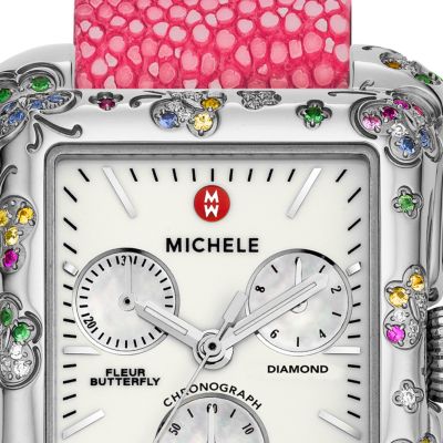 Fleur Butterfly Colored Stones Pink Galuchat Strap