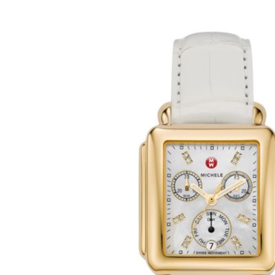 Deco Day Gold-Plated Diamond Dial White Alligator