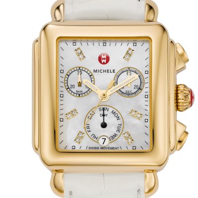 Deco Day Gold-Plated Diamond Dial White Alligator