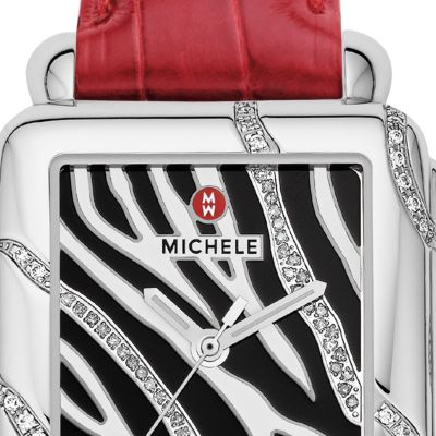 Deco Safari Zebra Diamond Stainless Steel Garnet Alligator