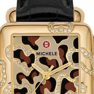 Deco Safari Cheetah Diamond Gold Plated Black Alligator