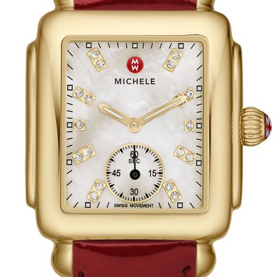 Deco 16 Gold White Diamond Dial Scarlet Patent