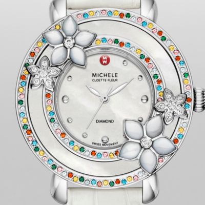 Cloette Fleur Diamond, Colored Stones White Alligator