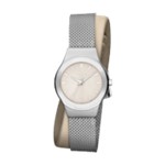 Silver Mesh and Nude Leather Double Wrap Watch