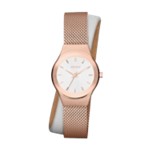 Rose Mesh and White Leather Double Wrap Watch