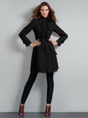 New York & Company Women's Black Belted Ruffle Trench