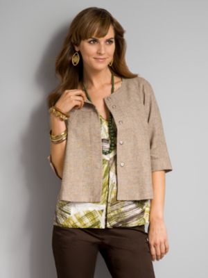 City Style Scoop Neck Jacket Linen Tweed