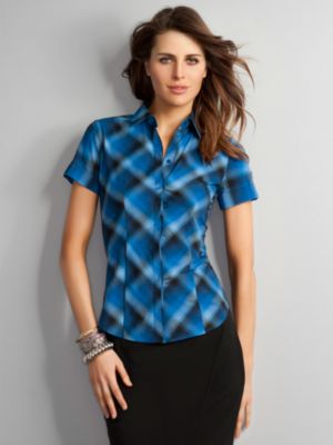 City Stretch Ombre Plaid Short Sleeve Shirt