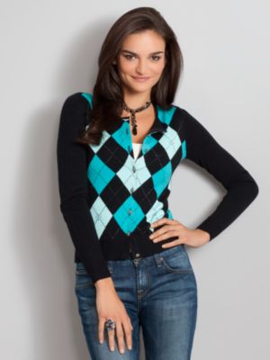 Antique-Button Argyle Cardigan with Beading