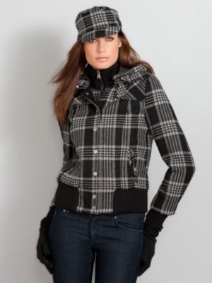 New York & Company Women's Wool Blend Plaid Bomber Jacket - Black