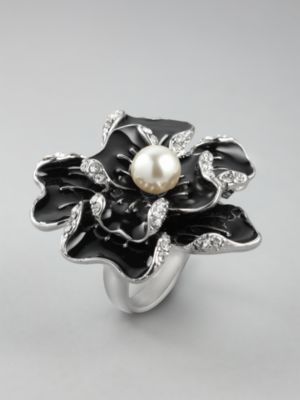 Enamel Flower Ring with Faux Pearl