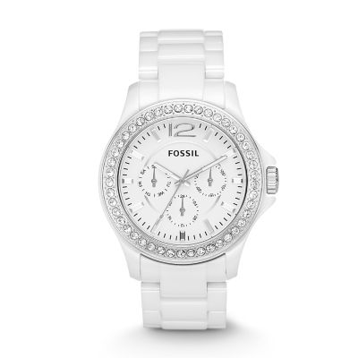 Fossil Riley Ceramic Watch – White With Stones | Devcube