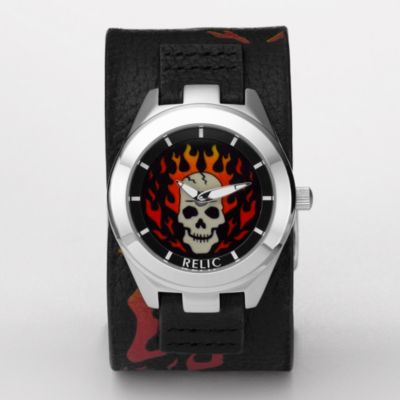 Relic Black Leather Fire Skull Digital Animation Dial Mens Watch 